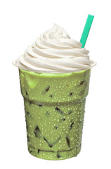 Green tea frappucino in takeaway cup isolated on white background