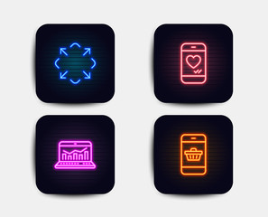 Neon glow lights. Set of Web analytics, Maximize and Love chat icons. Smartphone buying sign. Statistics, Full screen, Smartphone. Website shopping.  Neon icons. Glowing light banners. Vector