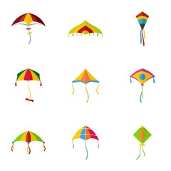 Cute fly kite icon set. Flat set of 9 cute fly kite vector icons for web design