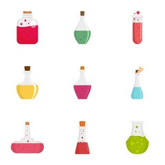 Alchemy potion icon set. Flat set of 9 alchemy potion vector icons for web design
