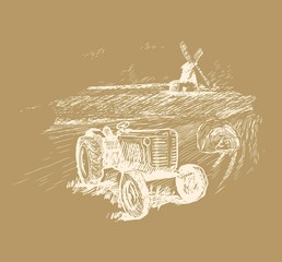 Old tractor with a rural scene in graphic style hand-drawn vector illustration.