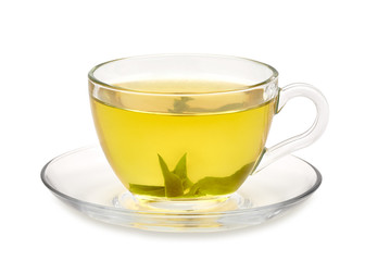 Green tea in cup with leaves on white background including clipping path