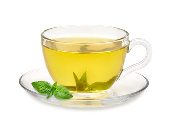 Green tea in cup with leaves on white background including clipping path