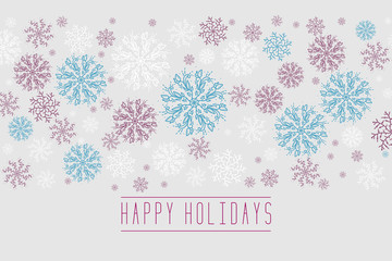 Fototapeta premium Christmas background with snowflakes and place for text. Winter white, blue,red snowflakes minimal decoration on white, greeting card. New Year Holidays backdrop. vector