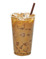 Iced latte or coffee in plastic to go or takeaway cup mock up isolated on white background. Including clipping path.