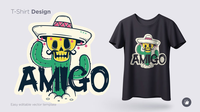 Funny skeleton illustration. Print on T-shirts, sweatshirts and souvenirs. Illustration with spanish word friend