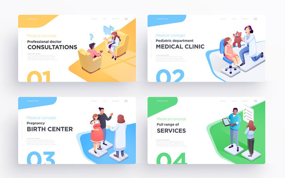 Presentation slide templates or hero banner images for websites, or apps. Medical concept illustrations. Modern isometric style
