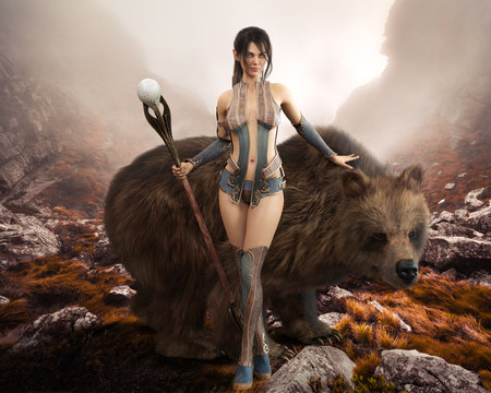 Fantasy elegant Druid female devoted to nature posing with her magical staff and enormous pet bear. 3d rendering