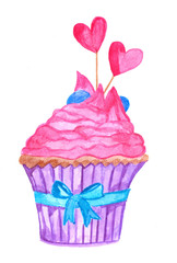 Watercolor pink valentine cupcake