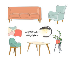 vector interior design illustration. home house decor decoration. hand drawn furniture living room lounge. modern contemporary designer trendy style. trend. mood board
