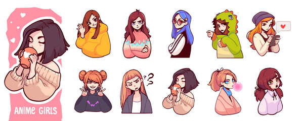 A set of cute anime girls illustrations in various clothes doing different activities with different expressions. Stickers or badges - obrazy, fototapety, plakaty