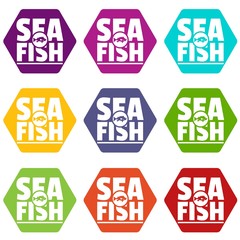 Sea fish shop icons 9 set coloful isolated on white for web