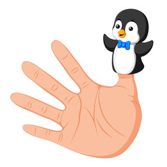 hand wearing a cute penguin finger puppet on thumb