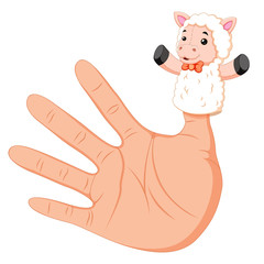 hand wearing a white sheep finger puppet on thumb