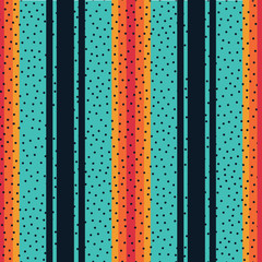 Vibrant multi-width striped seamless vector pattern. 1970s retro vibe. Bright teal, orange, yellow, red and black stripes with dotted texture. For cards, invitations, gift wrapping paper and decor.