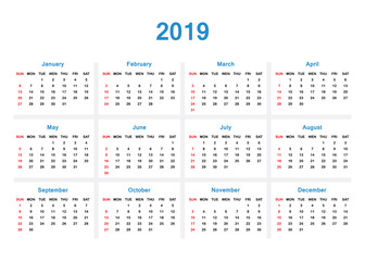 2019 Professional Calendar - vector illustration