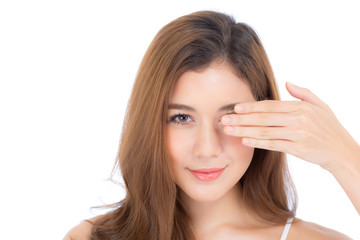 Fototapeta premium Portrait of beautiful woman makeup of cosmetic, girl hand close eye and smile attractive, face of beauty perfect with wellness isolated on white background with skin healthcare concept.