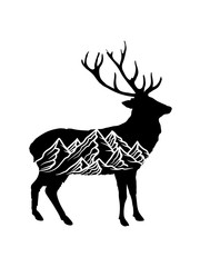 schwarz cool muster hirsch reh geweih jäger berge hügel alpen wandern urlaug ferien radtour hoch oben klettern aufsteigen besteigen erklimmen berg clipart design kalt schnee snowboard ski fahren