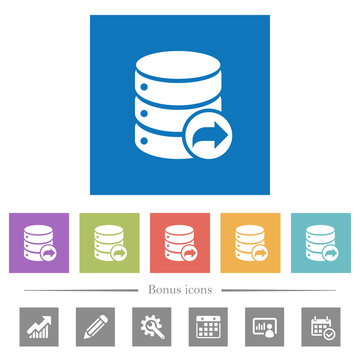 Database transaction commit flat white icons in square backgrounds