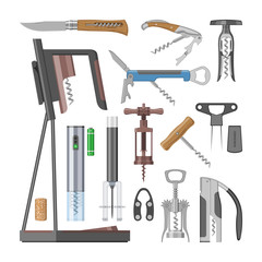Obraz premium Corkscrew vector bottle-screw open wine drink and vintage penknife tailspin screwing tool illustration set of opener corkscrewed multitool equipment for alcohol bottle isolated on white background