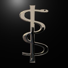Rod of Asclepius, aesculapian staff with 3D rendering and metal texture (chrome, steel, silver), design item for medical or pharmaceutical websites, concept of health, science, research
