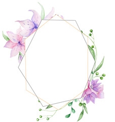 Wedding Invitation, floral invite card, olive floral and magnolia geometric golden frame print. White background