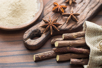 licorice root and flour and anise on the table