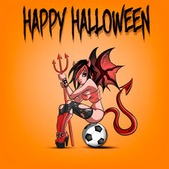 Sexy devil woman sitting on a soccer ball