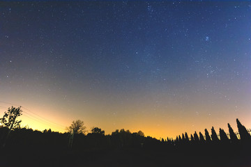 huge starry sky above the forest with radiance from the city, toned