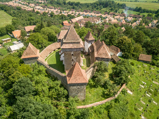 Aerial view of Viscri fortified medieval church in Transylvania Romania