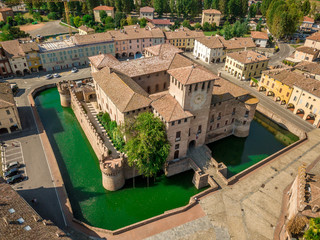 Aerial view of Fontanellato castle with green water in the moat near Parma Italy