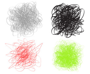 Tangled circle patterns on white. Intricate textures. Multicolored chaotic lines. Backgrounds with chaos stripes and waves. Print for polygraphy, banners and textiles