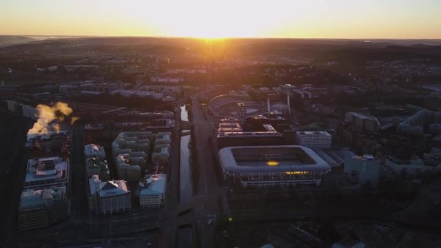 4k drone - Sunrise over the stadiums of Gothenburg, Sweden