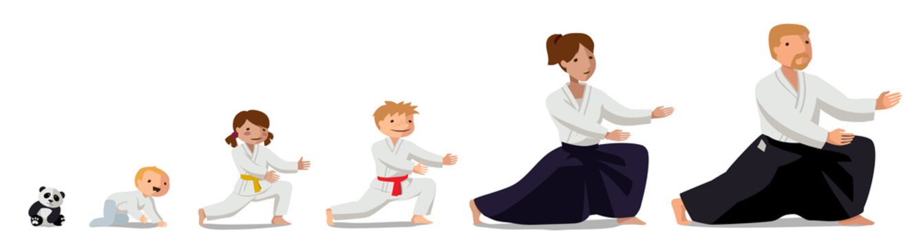 Family practicing Aikido. Colorful vector flat illustration. Suitable for oriental martial arts such as aikido, judo, karate, jiu-jitsu, budo