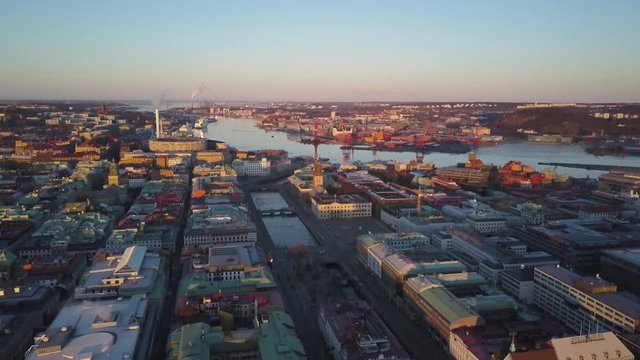 4k Drone footage - Beautiful cityscape of Gothenburg Sweden at sunrise