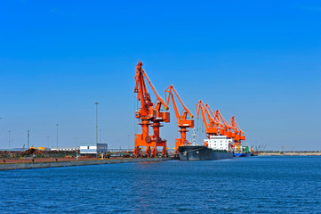 Obraz premium Port crane bridge and bulk carrier