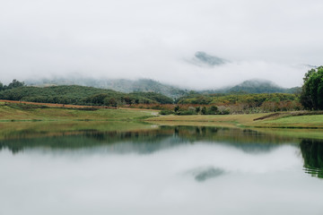 Beautiful landscape with high mountain , reflection in mountain lake, blue sky and mist cover the peak of hill. Singha Park, Chiang Rai, North of Thailand