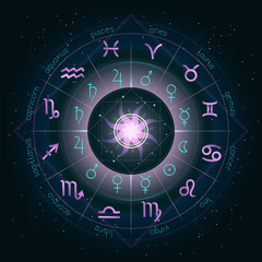 Illustration with Horoscope circle, Zodiac symbols and pictograms astrology planets on the starry night sky background with geometry pattern. Pink and turquoise elements. Vector.