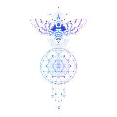 Vector illustration with hand drawn dead head moth and Sacred geometric symbol on white background. Abstract mystic sign. 