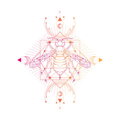 Vector illustration with hand drawn wasp and Sacred geometric symbol on white background. Abstract mystic sign.