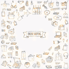 Hand drawn doodle set of Online shopping icons. Vector illustration set. Cartoon buying symbols. Sketchy elements collection: laptop, sale, food, grocery, clothing, cart, wallet, credit card, tag, bag