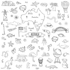 Hand drawn doodle Australia icons set Vector illustration isolated symbols collection of australian symbols Cartoon elements: map, flag, opera house, bbq, kangaroo, bridge, coral reef, snake, shark - obrazy, fototapety, plakaty