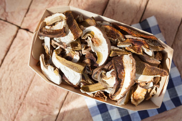 Dried mushrooms porcini mushrooms collected in the forest.