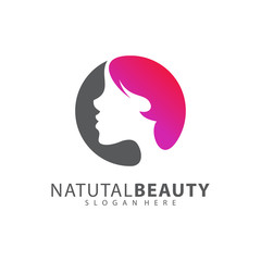 Beauty Woman face with hair logo design vector template.