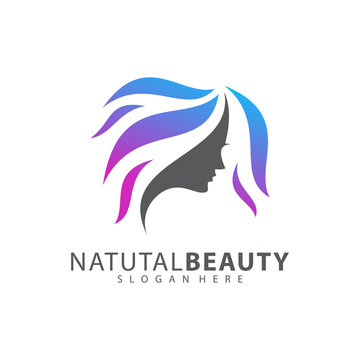 Beauty Woman face with hair logo design vector template.