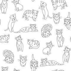 black and white hand drawn cats vector pattern. Doodle art.