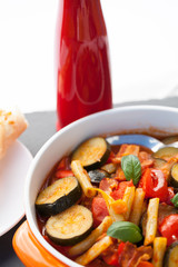 ratatouille with red pepper, tomatoes and green beans.