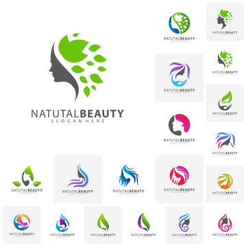 Set of Woman's face in flower leaves. Abstract design concept for beauty salon, massage, cosmetic and spa. Vector female logo design template.