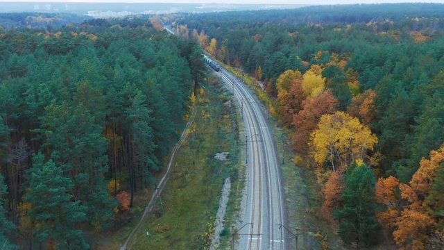 Aerial view of a freight train carrying cargo containers, moves through the autumn forest. Front view