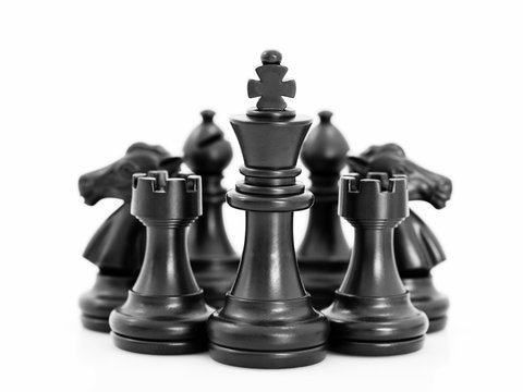 Set of Black chess pieces on white background